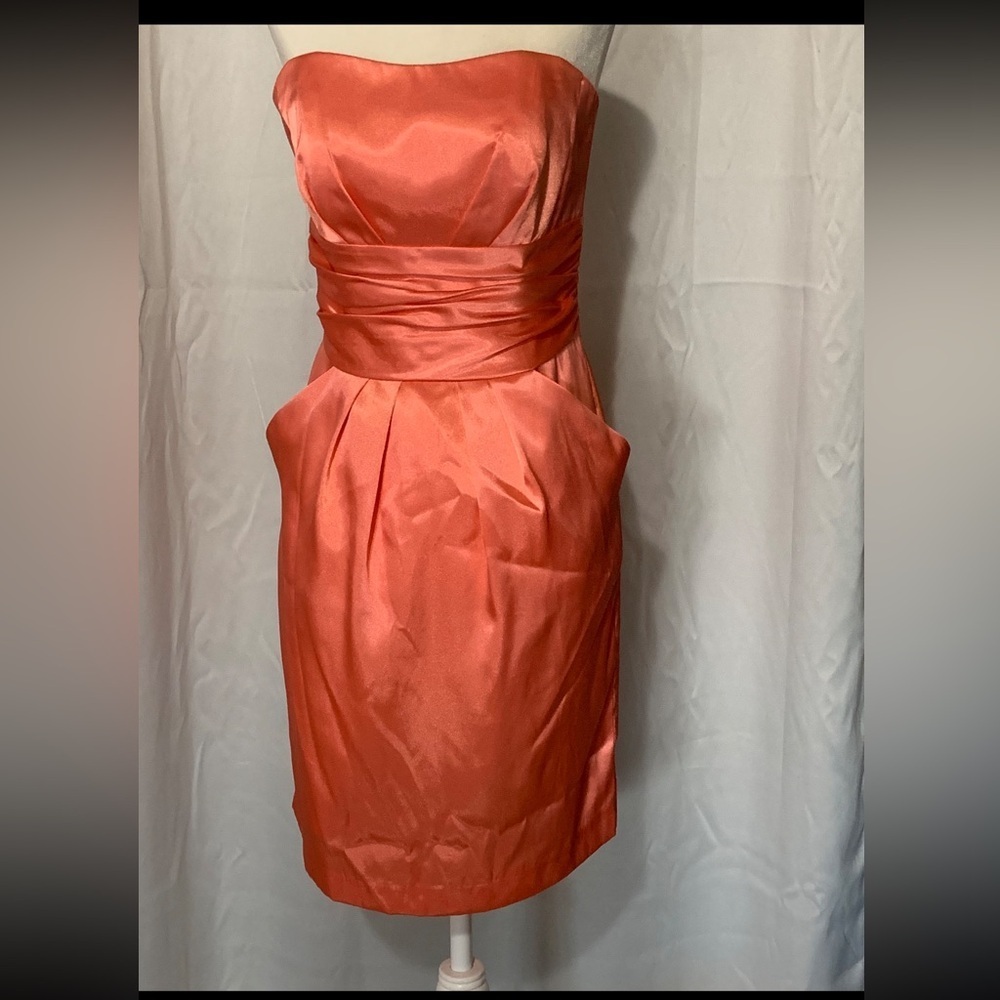 David's Bridal Strapless Coral Midi Dress
